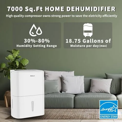 Shinco 7,000 sq ft dehumidifier angled view showing capacity claims