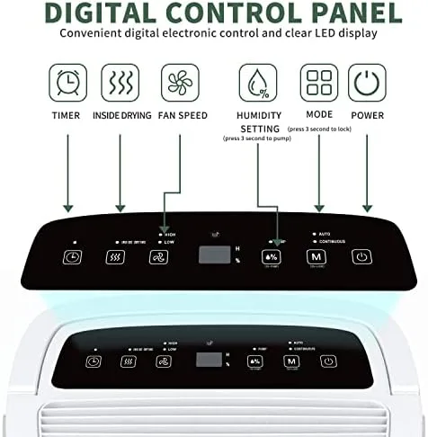 Shinco 7,000 Sq.Ft dehumidifier control panel with humidity and timer buttons