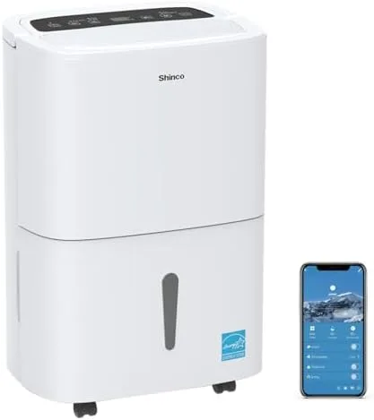Shinco dehumidifier shown with companion WiFi app controls