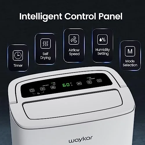 Waykar Max 80 Pint dehumidifier control panel showing mode, fan, and timer controls