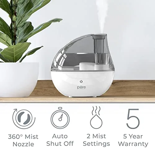 Pure Enrichment MistAire Silver humidifier feature graphic showing 5-year warranty