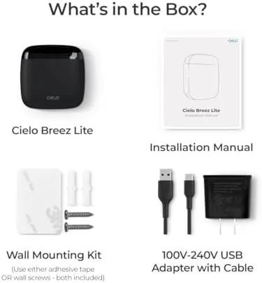 Cielo Breez Lite box contents with device, wall mount kit, and USB power adapter