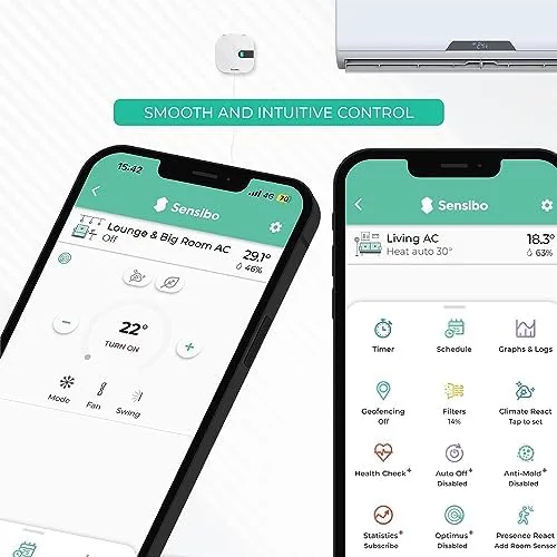 Sensibo Air app screen showing temperature, scheduling, and controls