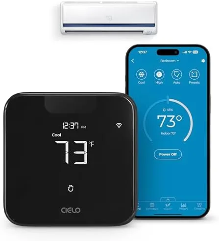 Cielo Breez Max controller shown with companion app and AC unit