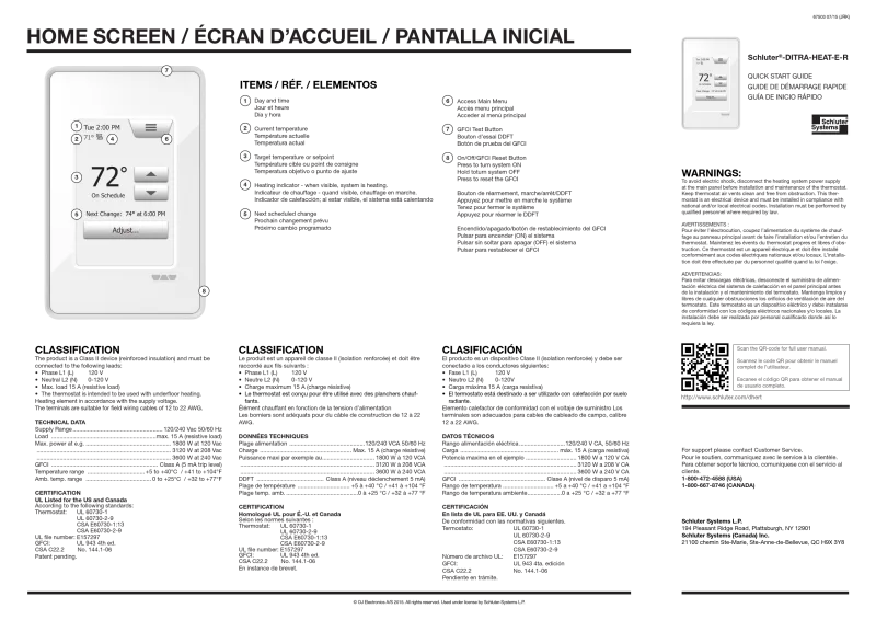 Schluter DITRA-HEAT-E-WiFi thermostat screen showing settings and specs
