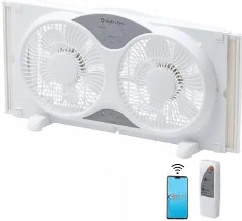 Comfort Zone 9-inch smart reversible twin window fan with remote control shown