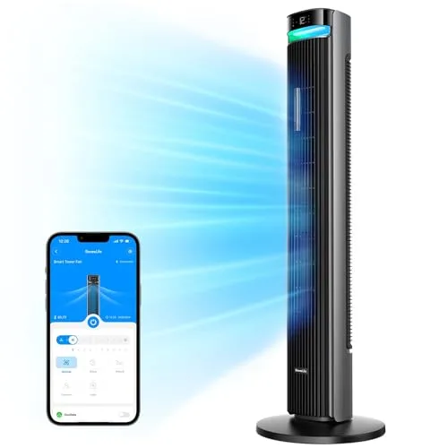 GoveeLife 42-inch smart tower fan shown with Govee Home app controls