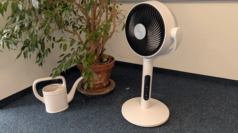 LEVOIT LPF-R432S-AUS angled view in a room showing standing fan footprint