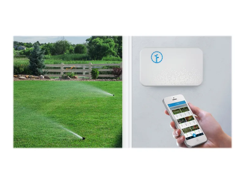 Rachio 16-zone sprinkler system watering lawn with app control