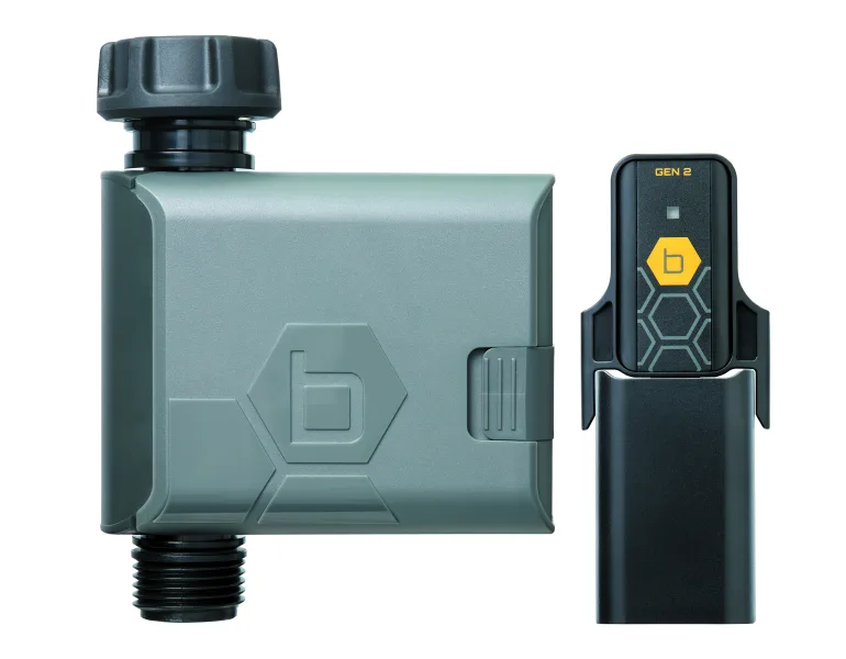 B-hyve smart hose timer pictured with optional Wi‑Fi hub accessory
