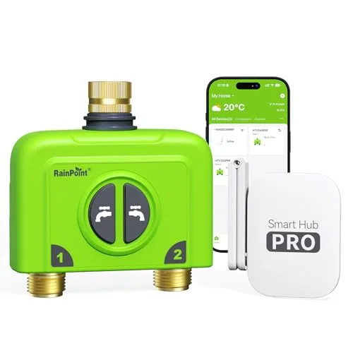 RainPoint HTV245FRF dual-outlet smart hose timer on white background