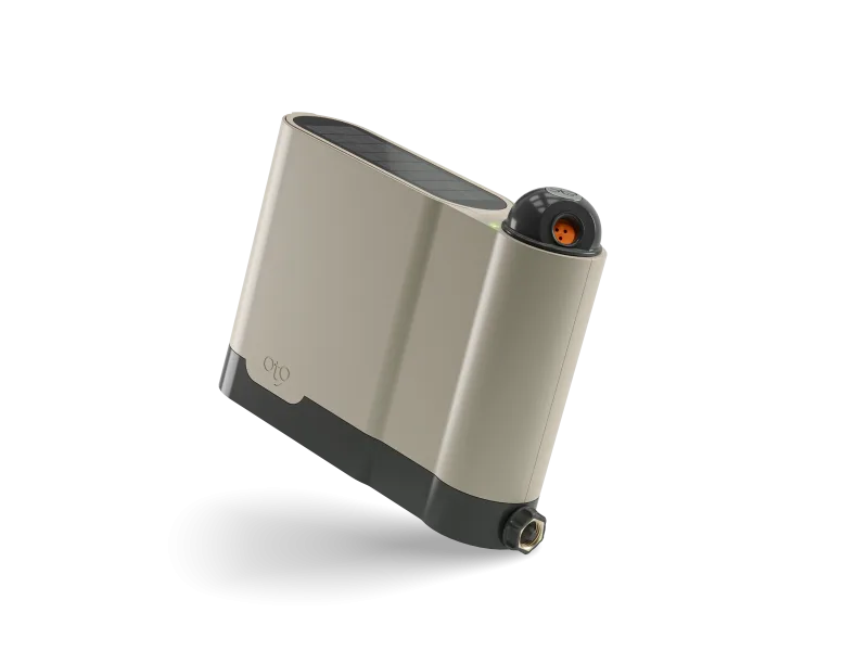 OtO Lawn Smart Sprinkler with integrated solar panel on housing