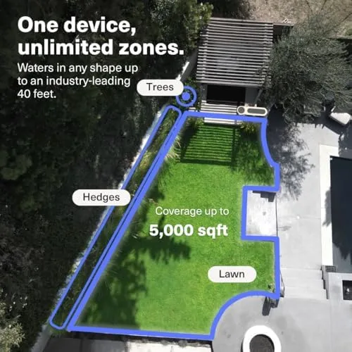 OtO Lawn Smart Sprinkler side view showing 5,000 sq ft coverage zones
