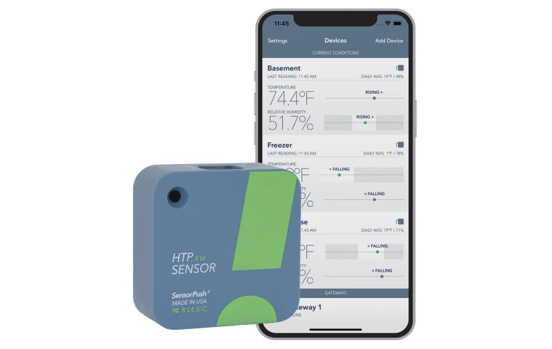 SensorPush HTP.xw with app graphs showing temperature and humidity