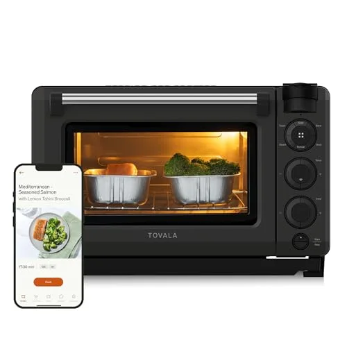 Tovala Smart Oven Pro front view showing button control panel and app screen