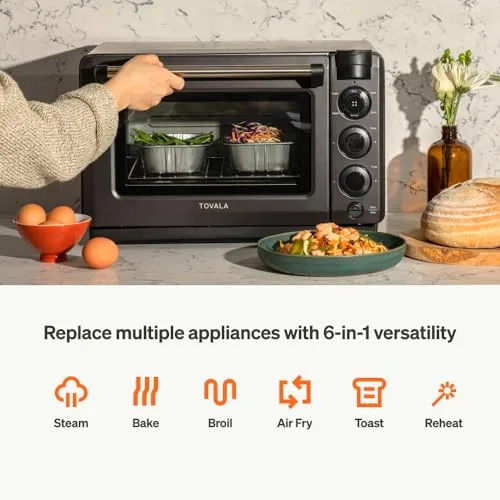 Tovala Smart Oven Pro countertop oven showing steam bake broil air fry icons
