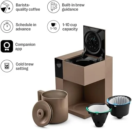 Fellow Aiden coffee maker showing LCD controls and guided brew options