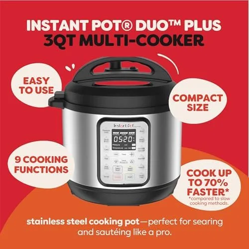 Instant Pot Duo Plus angled view showing stainless cooker body and lid