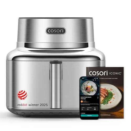 Cosori CAF-SE601S-CUS air fryer with VeSync app screen and recipe booklet