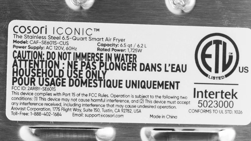 Cosori CAF-SE601S-CUS specification label showing model and power