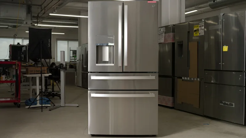 GE Profile PVD28BYNFS front showing external water and ice dispenser