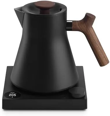 Fellow Corvo EKG Pro stainless kettle with wood handle, front view