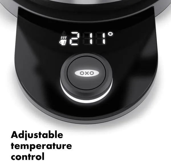 OXO Brew Adjustable Temperature Kettle digital readout showing 211°F on base