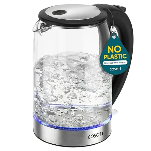Cosori 1.7L glass electric kettle with clear body and No Plastic label
