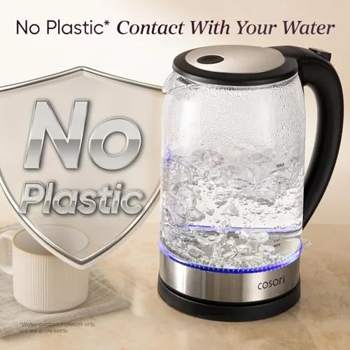 Cosori Electric Kettle 1.7L Glass angled view showing full glass water level
