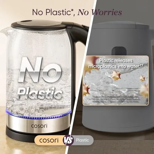 Cosori Electric Kettle 1.7L Glass boiling with blue LED safety light