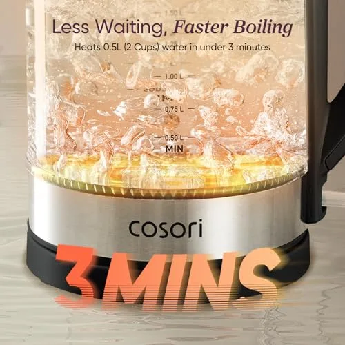 Cosori 1.7L glass electric kettle showing rapid boil progress