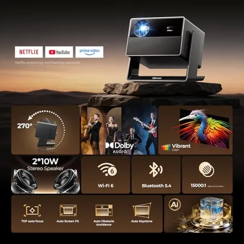 ELEPHAS Smart 4K Projector alternate angle highlighting 270 degree rotatable design