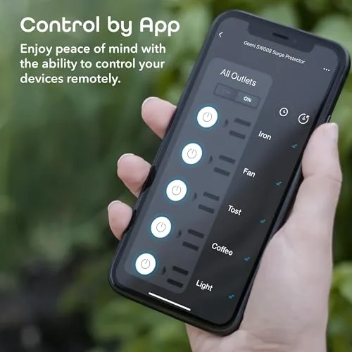 Geeni GN-SW008-101 app interface controlling multiple smart outlets