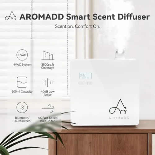 Aromadd 3500 Sq.Ft Smart Scent Machine showing coverage and capacity specs