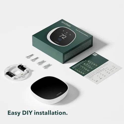 ecobee Smart Thermostat Essential shown with packaging and install accessories